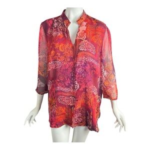 Coldwater Creek Silk Blouse Size 2X Red Orange Print 3/4 Slvs Lined Button Front